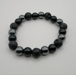 Black and Gray Hematite And Black Lave Stone Beaded Bracelet Size 7